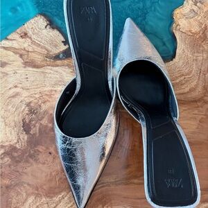 Zara Metallic Silver Pointed Mules